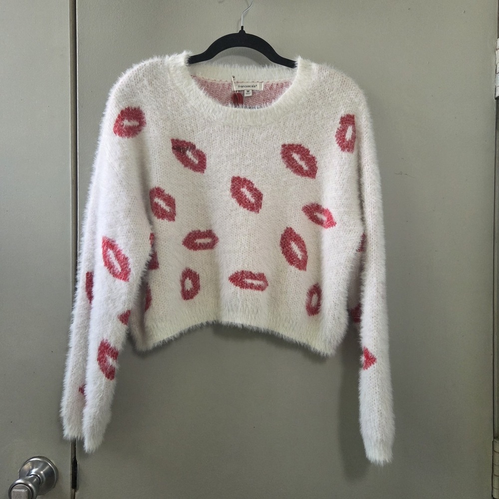 Mindfully Mended M Francesca's Lip Print Fuzzy Cropped Sweater Kiss Lips Y2K